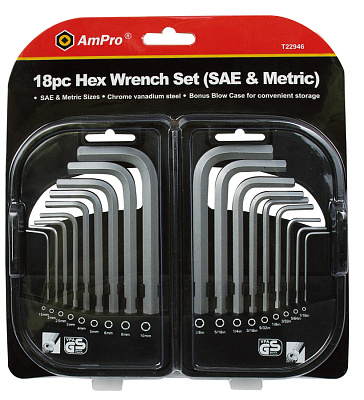 T22946 Набор шестигранников Г-образных 18 предметов (1/16"-3/8"; М1,5-М10)